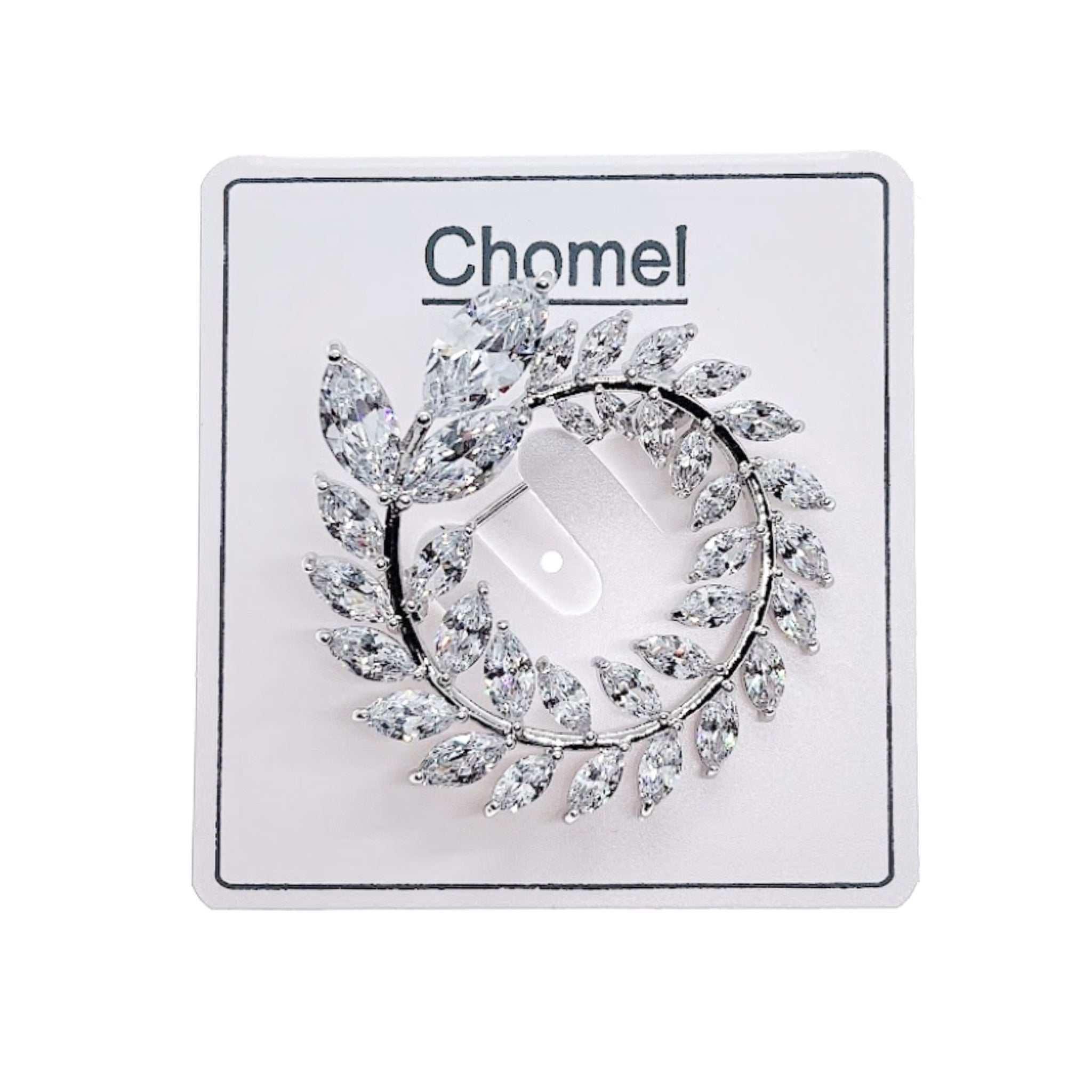 Leaf cubic zirconia brooch with rice shaped stones, rhodium plated, 3.8 cm round design.