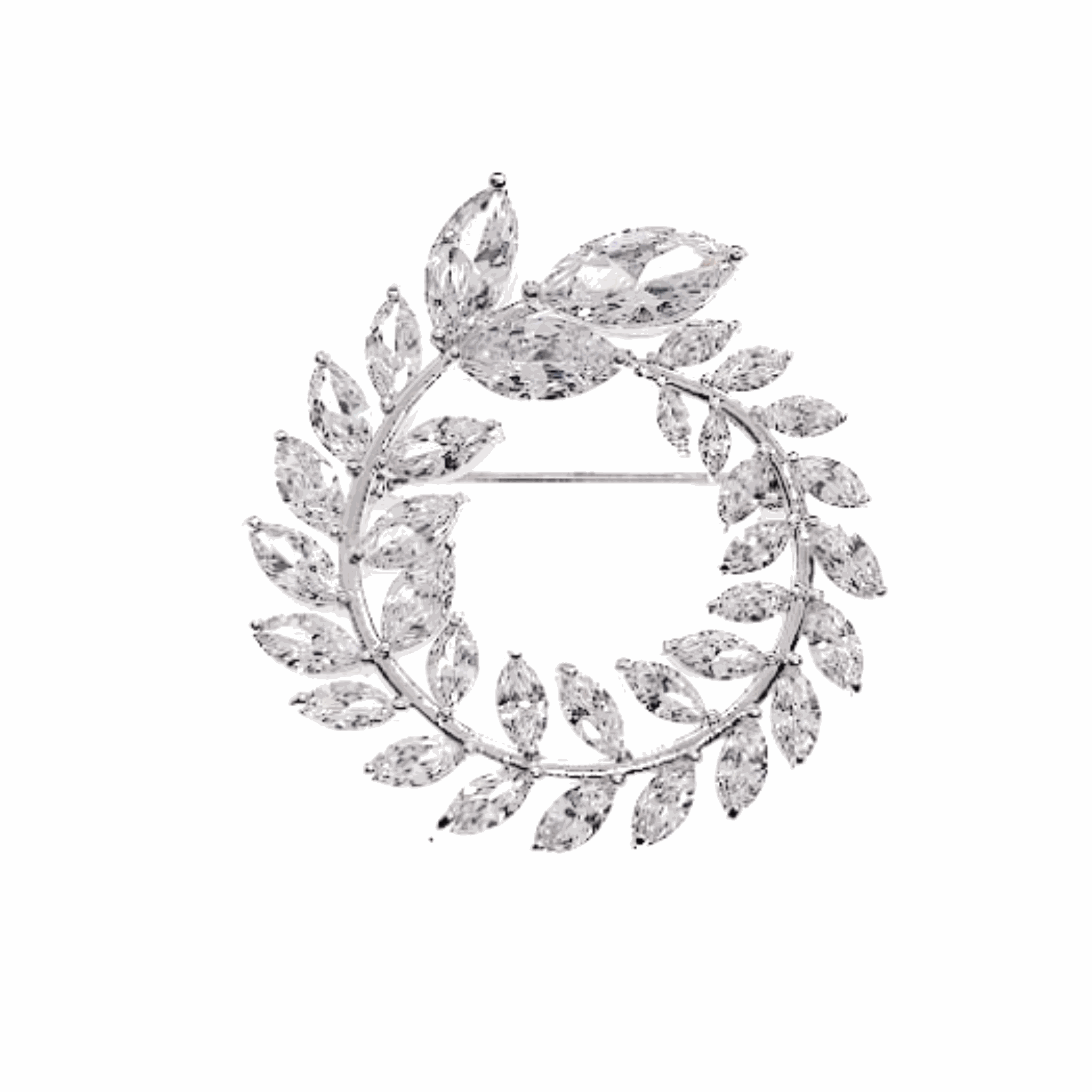 Leaf cubic zirconia brooch with rhodium plating and rice-shaped stones, 3.8 cm round design