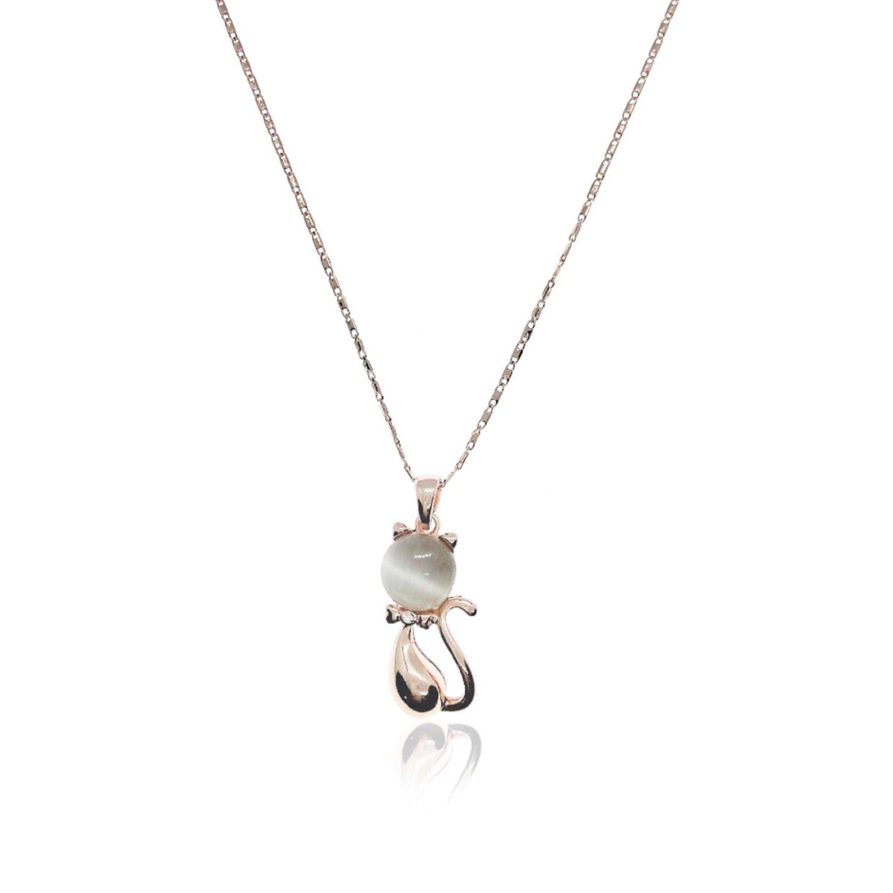 Rose gold cat pendant necklace with simulated moonstone and mother of pearl on adjustable chain