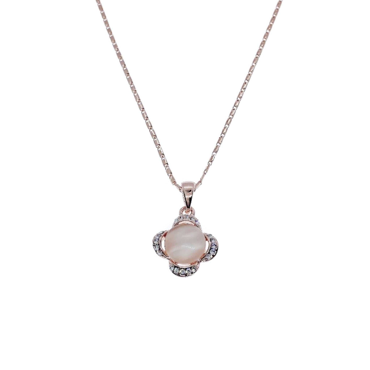Flower simulated moonstone pendant necklace with rosegold plated chain and crystal accents