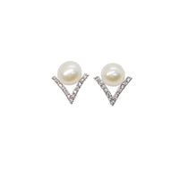 Freshwater pearl stud earrings with cubic zirconia V shape and rhodium plated finish