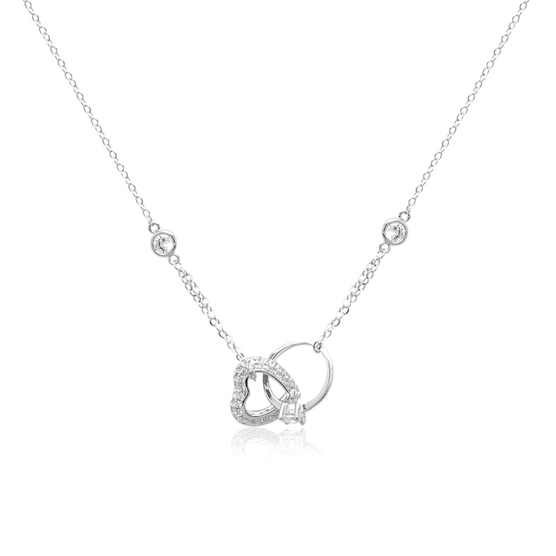 CHOMEL Cubic Zirconia Interlocking Heart & Ring Rhodium Necklace