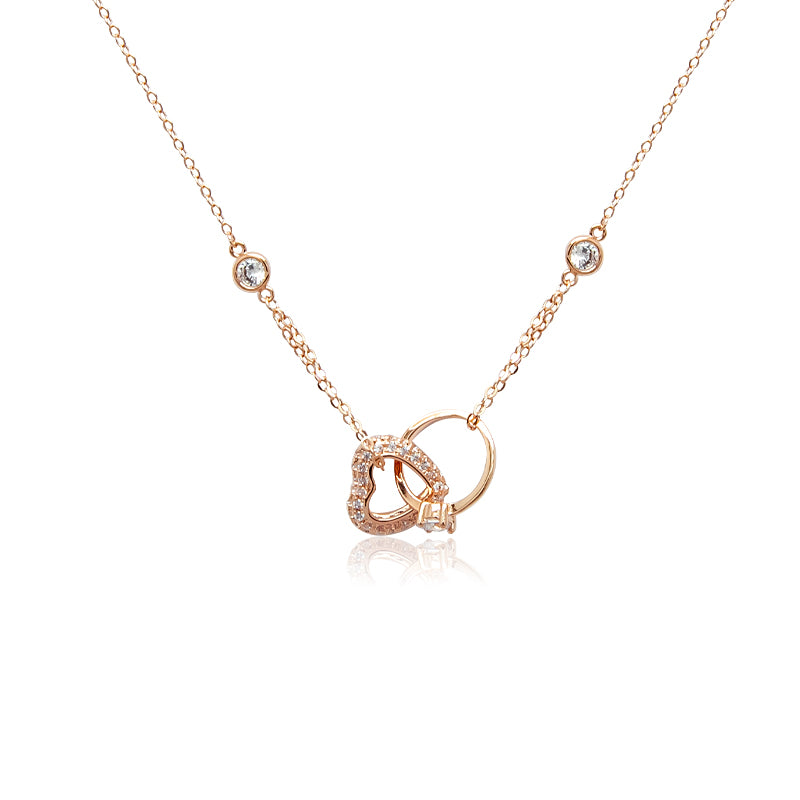 CHOMEL Cubic Zirconia Interlocking Heart & Ring Rosegold Necklace