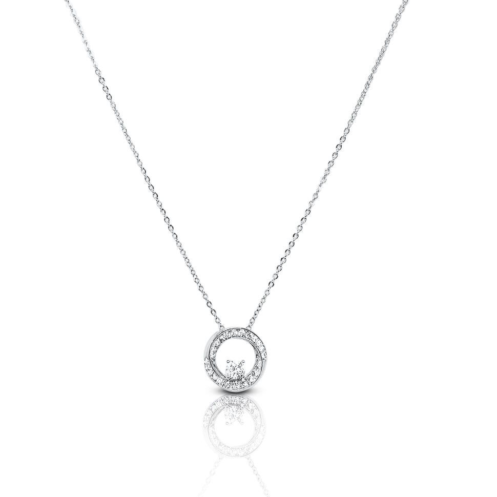 CHOMEL Cubic Zirconia Round Pendant Rhodium Necklace