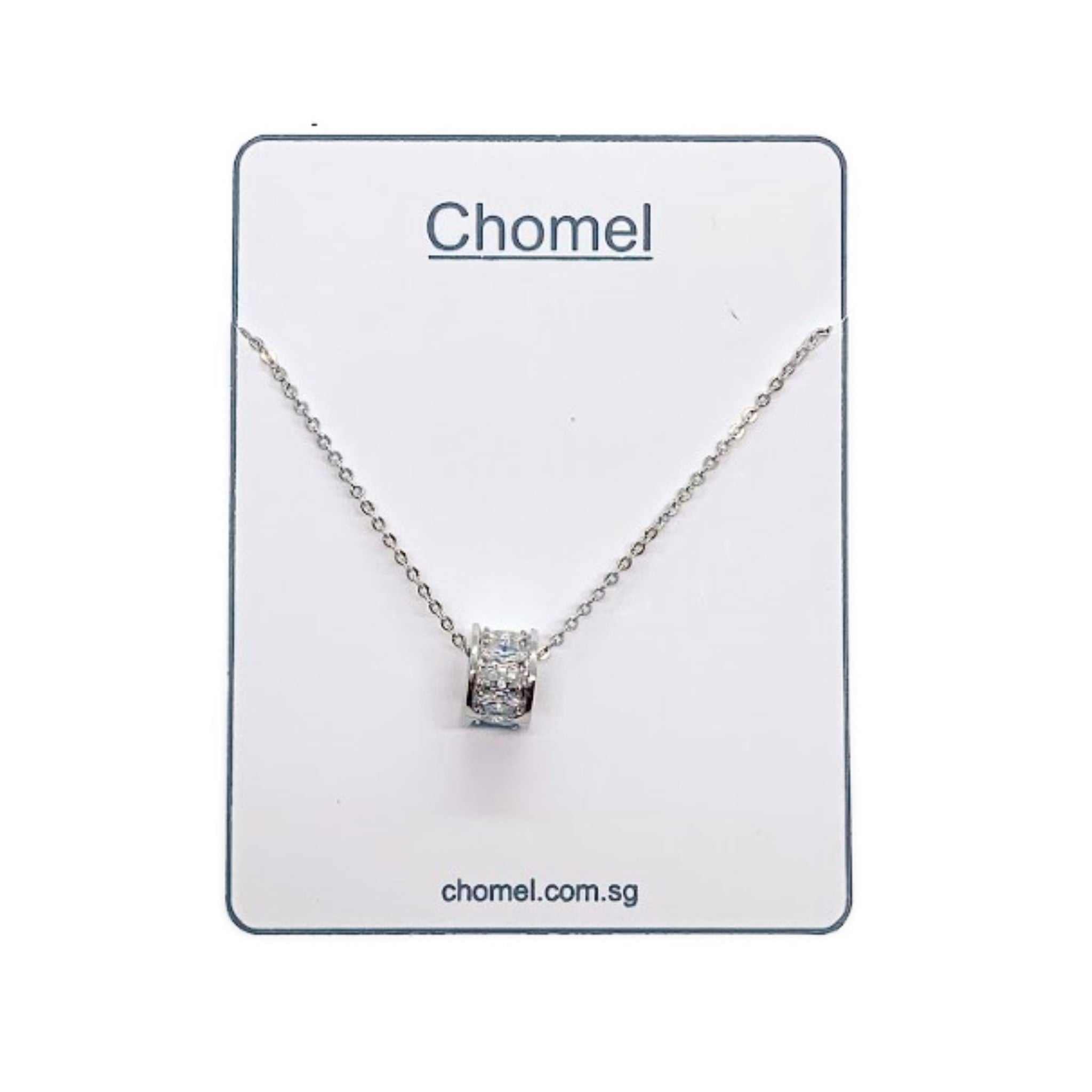 Cubic zirconia tunnel necklace with 8mm pendant on rhodium plated adjustable chain