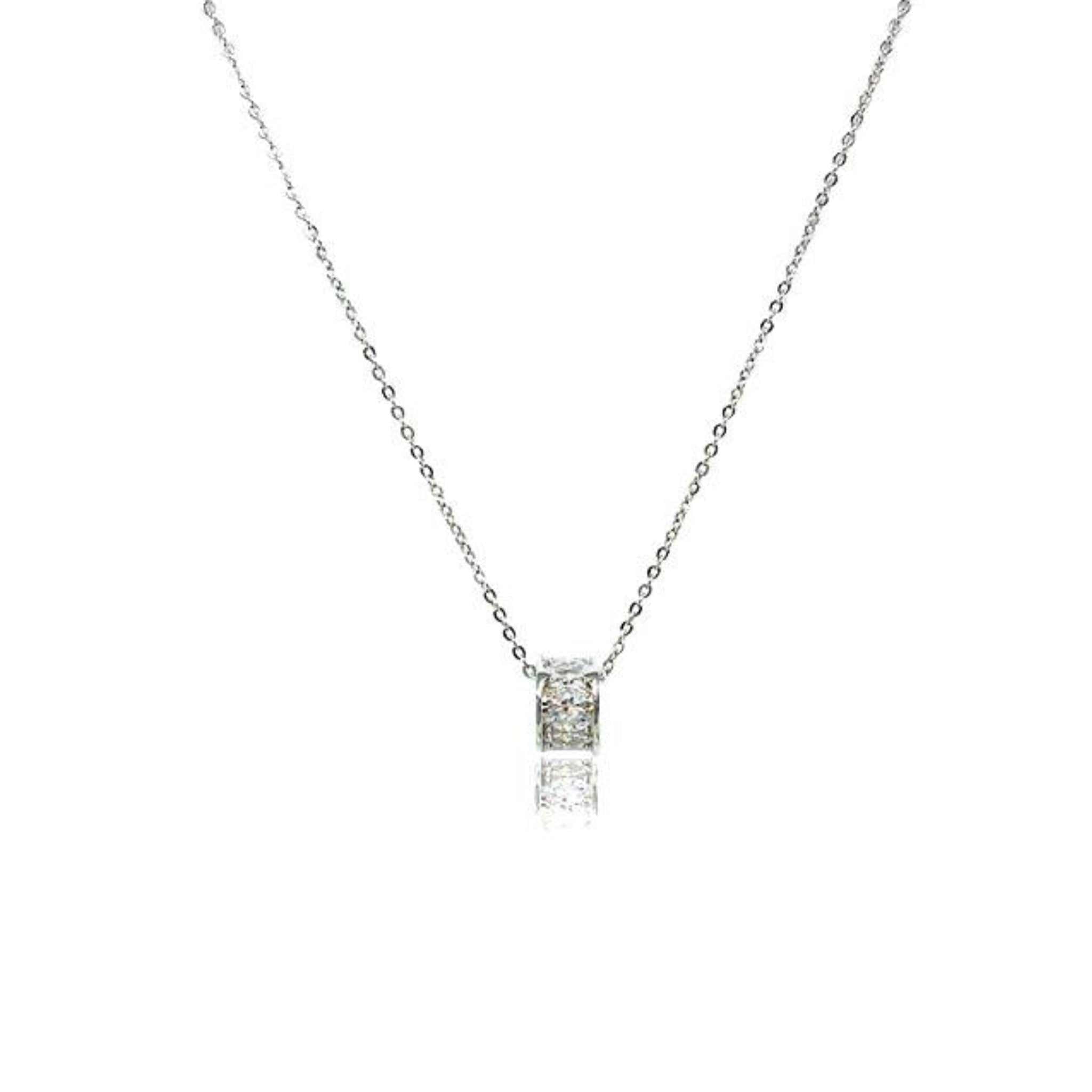 Cubic zirconia tunnel pendant necklace with 8mm diameter, rhodium plated, adjustable 40-42cm chain, spring clasp