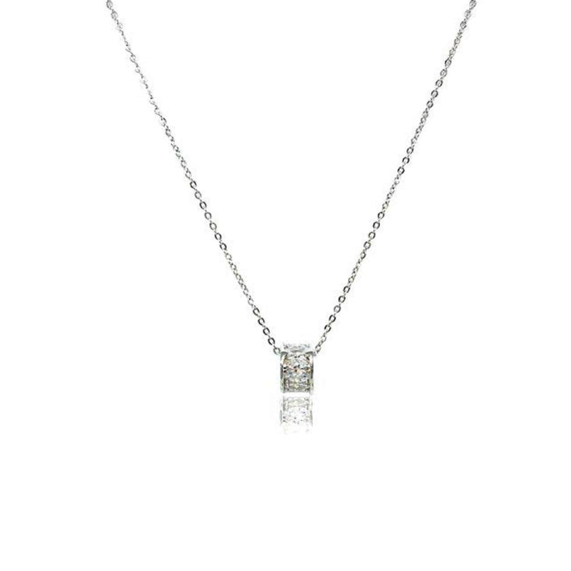 Cubic zirconia tunnel pendant necklace with 8mm diameter, rhodium plated, adjustable 40-42cm chain, spring clasp