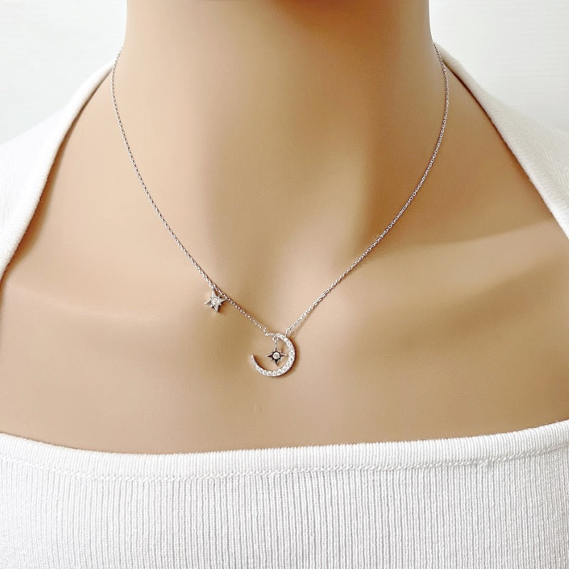 Moon & Star Cubic Zirconia Necklace - CHOMEL