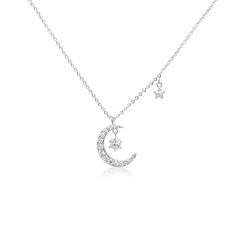 CHOMEL Cubic Zirconia Moon & Star Rhodium Necklace