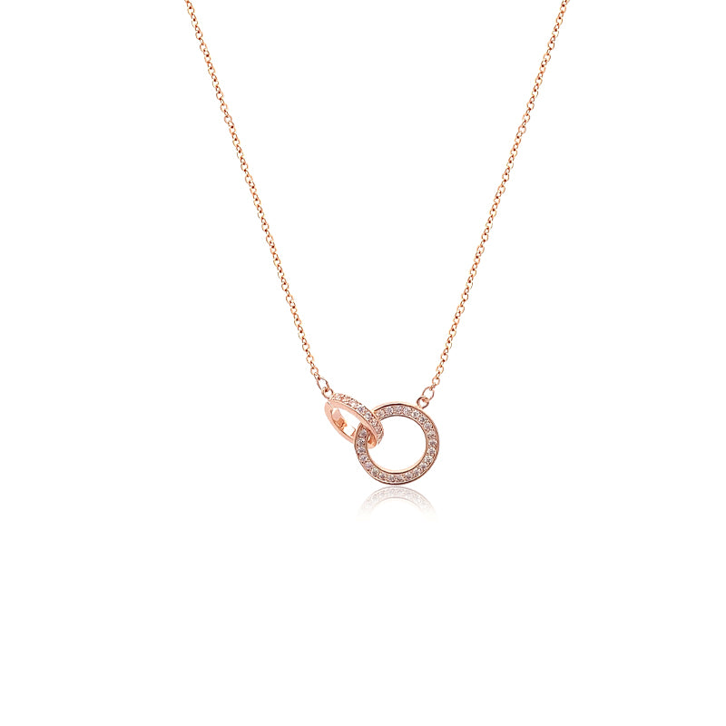 CHOMEL Cubic ZIrconia 2 Circle Interlocking Rosegold Necklace