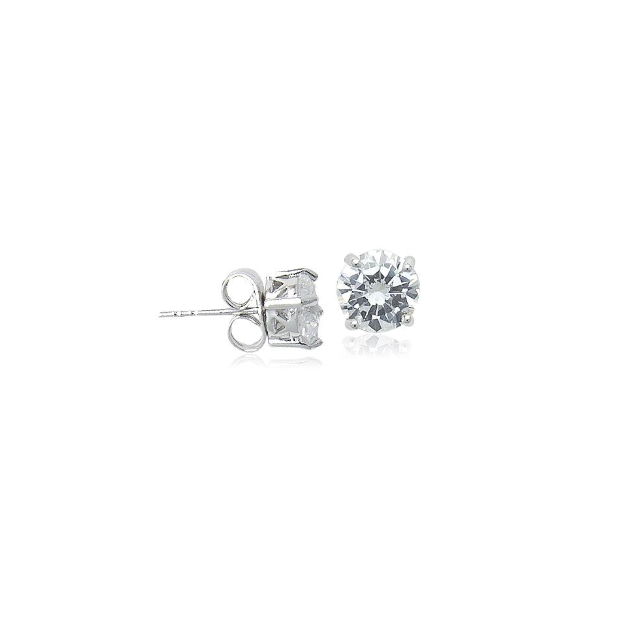 4mm round cubic zirconia solitaire stud earrings with rhodium plated four-claw setting and post backings