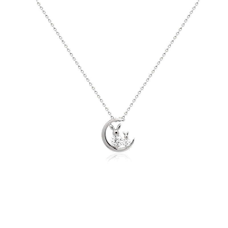 CHOMEL Cubic Zirconia 2 Rabbits on Crescent Moon Rhodium Necklace