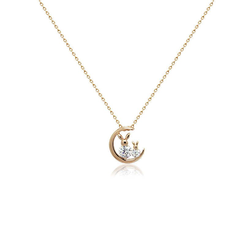 CHOMEL Cubic Zirconia 2 Rabbits on Crescent Moon Rosegold Necklace