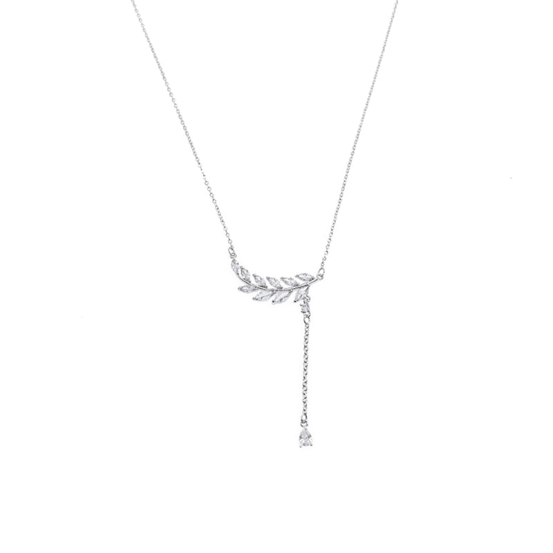 CHOMEL Cubic Zirconia Leaf Bar with Drop Rhodium Necklace