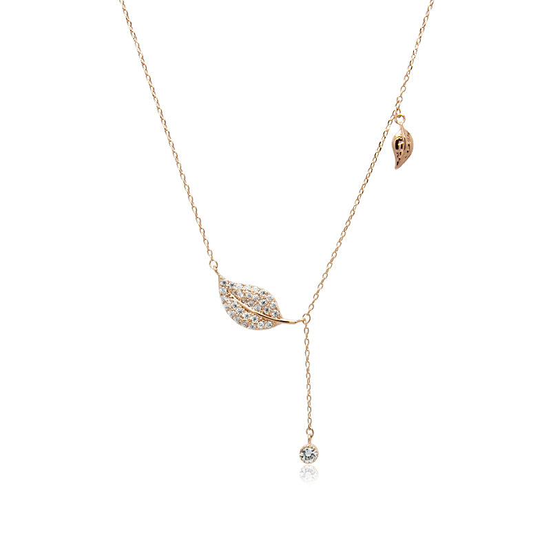 CHOMEL Cubic Zirconia Leaf with Drop and Small Leaf Rosegold Necklace