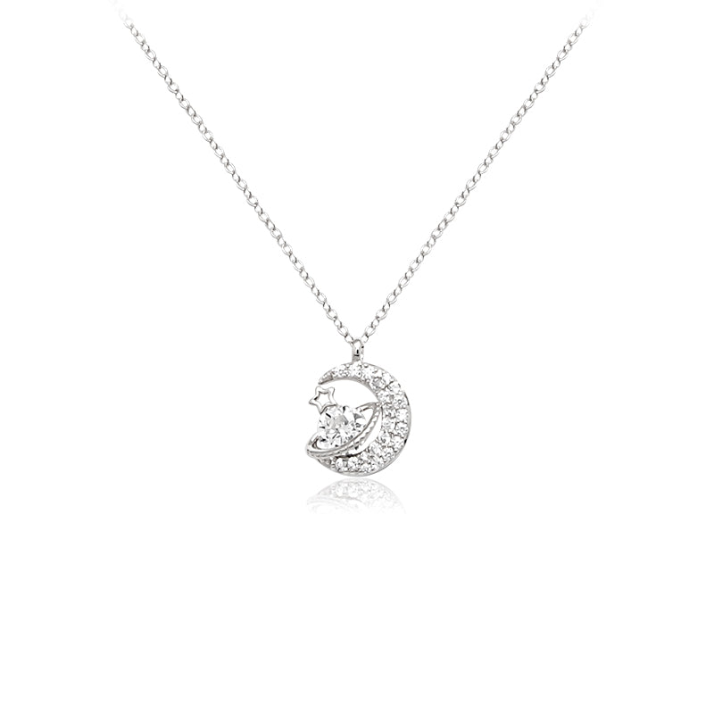 CHOMEL Cubic Zirconia Crescent Moon with Planet & Star Rhodium Necklace