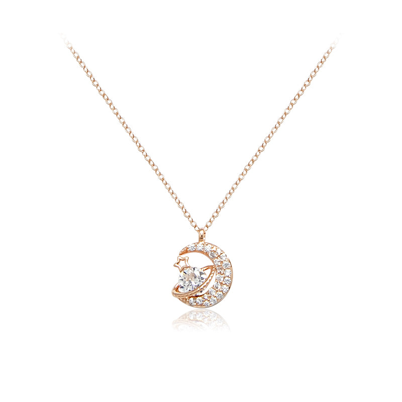 CHOMEL Cubic Zirconia Crescent Moon with  Planet & Star Rosegold Necklace