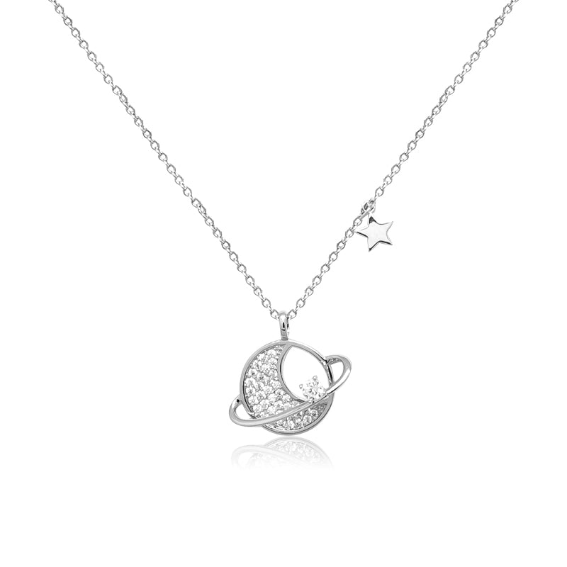CHOMEL Cubic Zirconia Planet with Dangling Star Rhodium Necklace