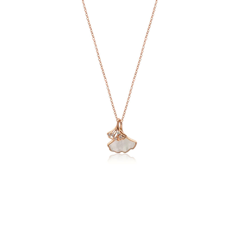 CHOMEL Cubic Zirconia and Mother of Pearl Gingko Leaf Rosegold Necklace