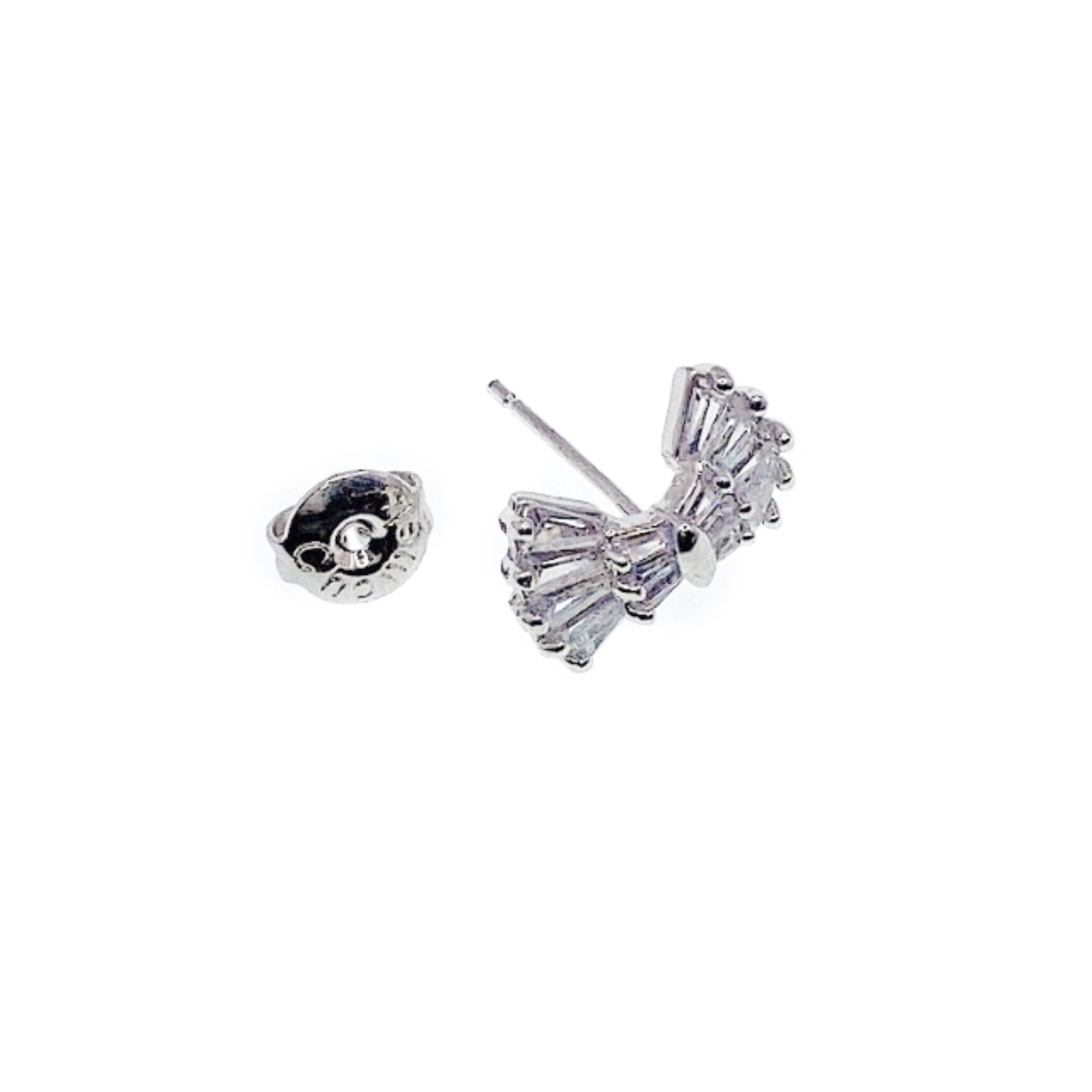 Ribbon cubic zirconia stud earrings with rhodium plated finish and post backings