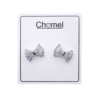 Ribbon cubic zirconia stud earrings with rhodium plated finish on white card