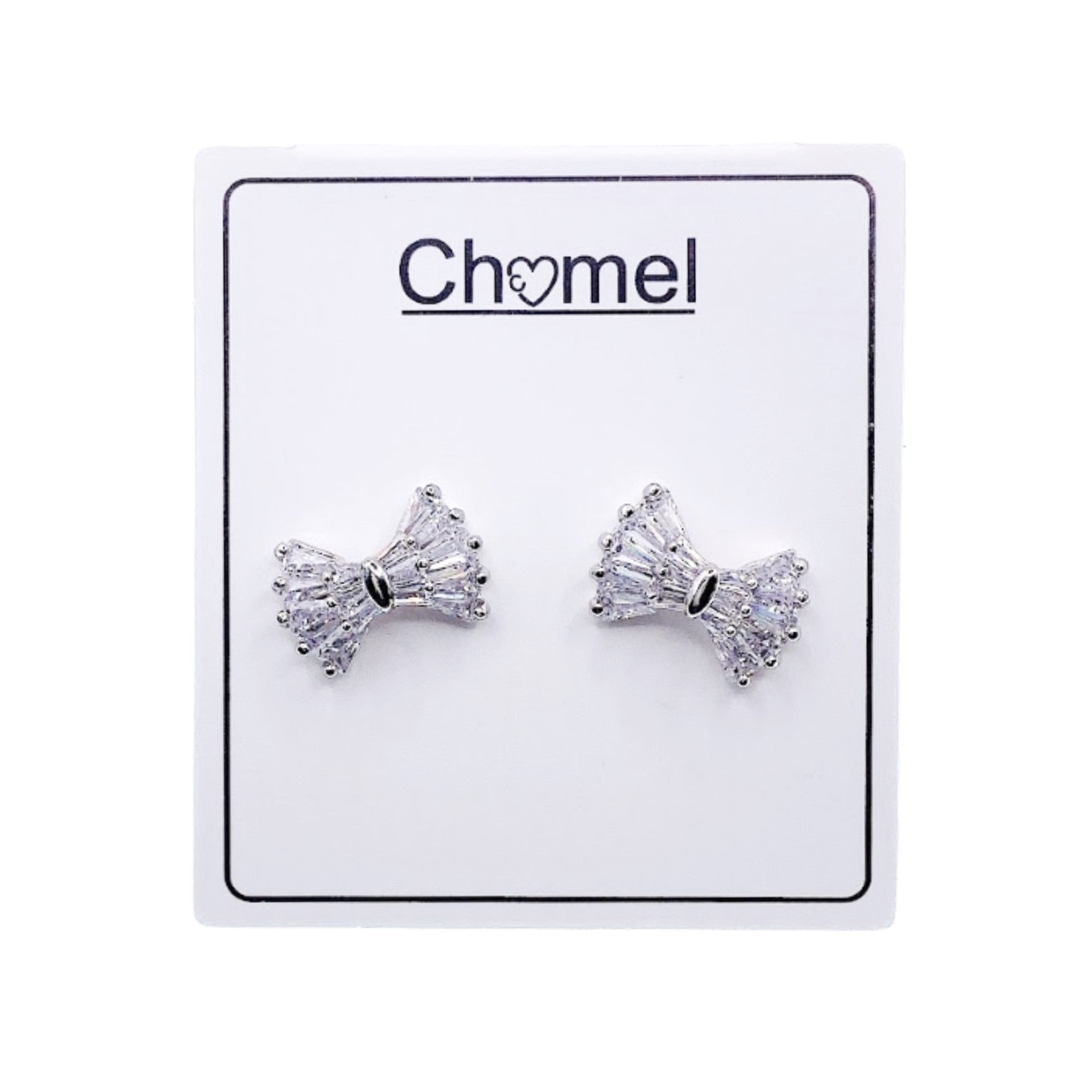 Ribbon cubic zirconia stud earrings with rhodium plated finish on white card