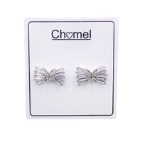 Ribbon cubic zirconia stud earrings with butterfly center, rhodium plated, 9x15mm size