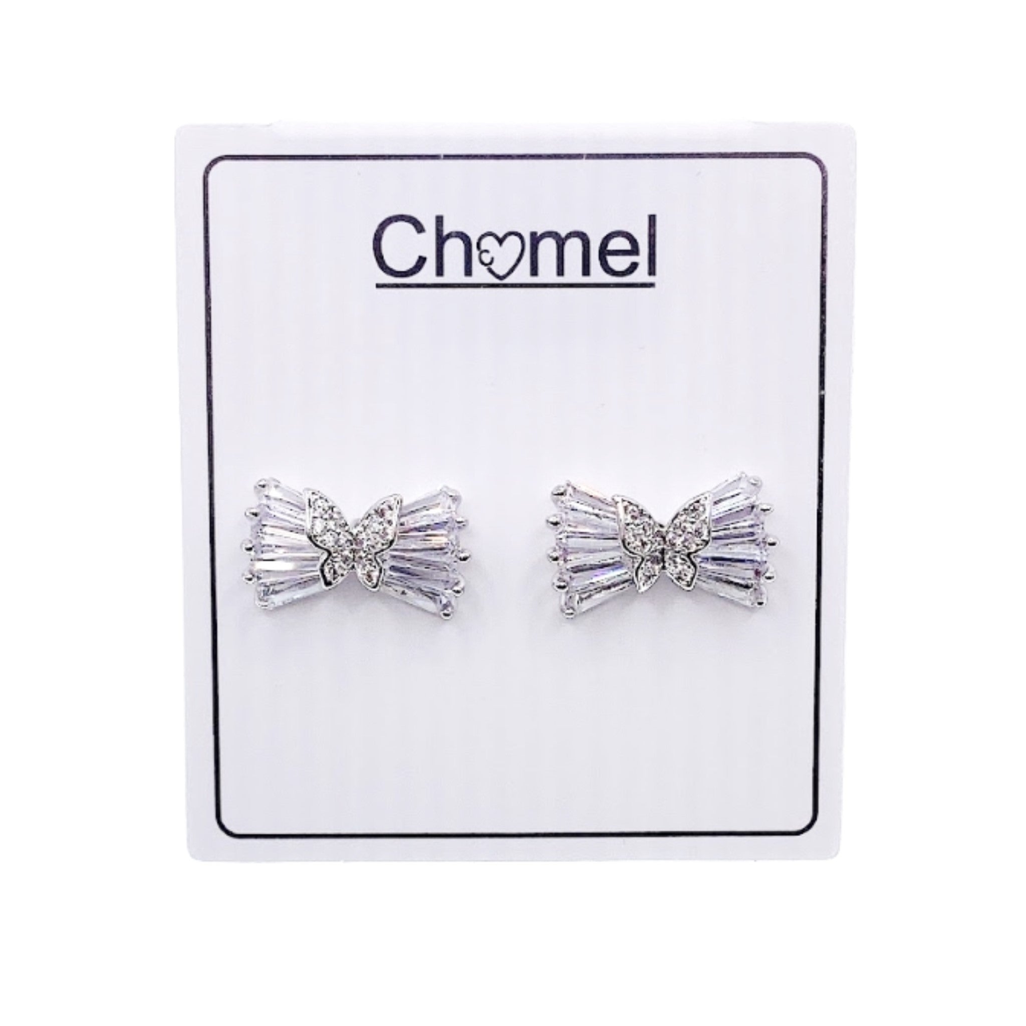 Ribbon cubic zirconia stud earrings with butterfly center, rhodium plated, 9x15mm size