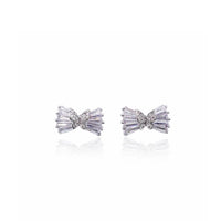 Ribbon cubic zirconia stud earrings with butterfly center and rhodium plating