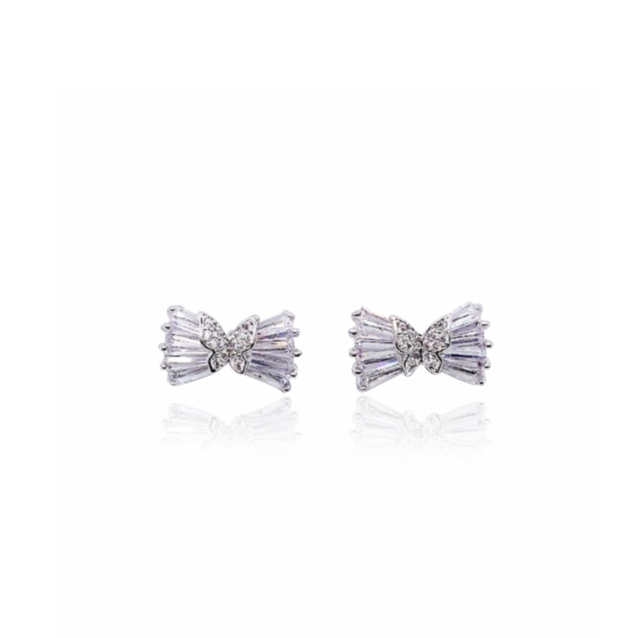 Ribbon cubic zirconia stud earrings with butterfly center and rhodium plating