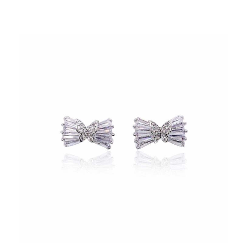 Ribbon cubic zirconia stud earrings with butterfly center and rhodium plating