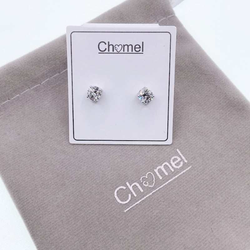 6mm Cubic Zirconia solitaire stud earrings with round clear stones in four-claw rhodium plated setting