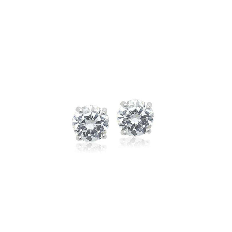 6mm Cubic Zirconia stud earrings with round clear stones in a rhodium plated 4-claw setting and post backings.