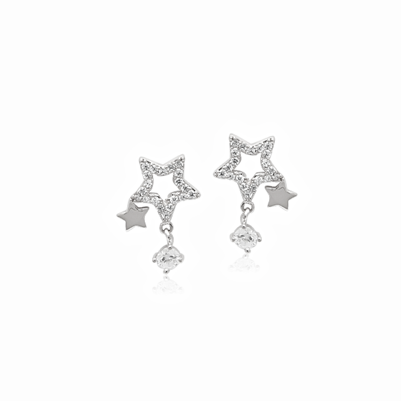 Star Cubic Zirconia Rhodium Drop Earrings. - CHOMEL Singapore