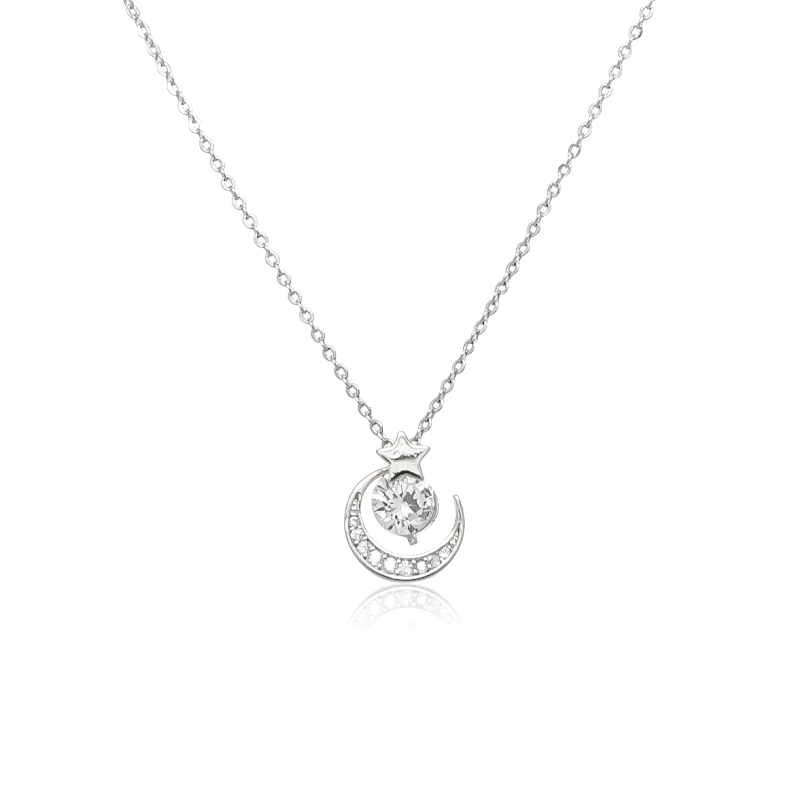 CHOMEL Cubic Zirconia Crescent Moon with Star Rhodium Necklace