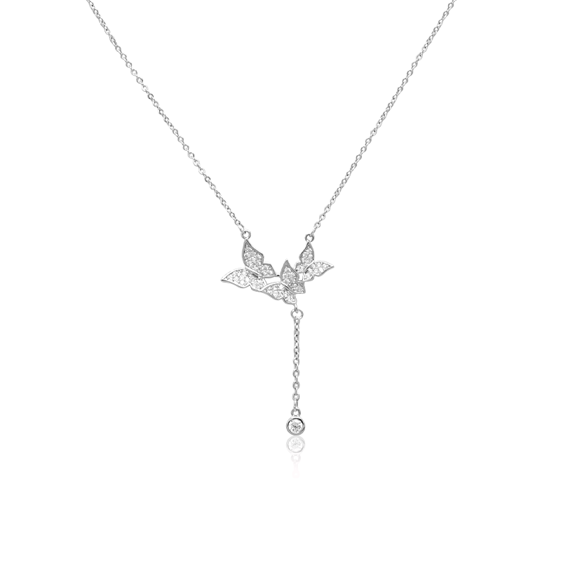 CHOMEL Cubic Zirconia 3 Butterfly with Drop Rhodium Necklace