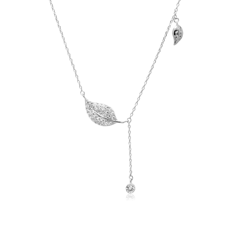 CHOMEL Cubic Zirconia Leaf with Drop and Small Leaf Rhodium Necklace