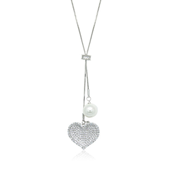 Heart Simulated Pearl Long Necklace.