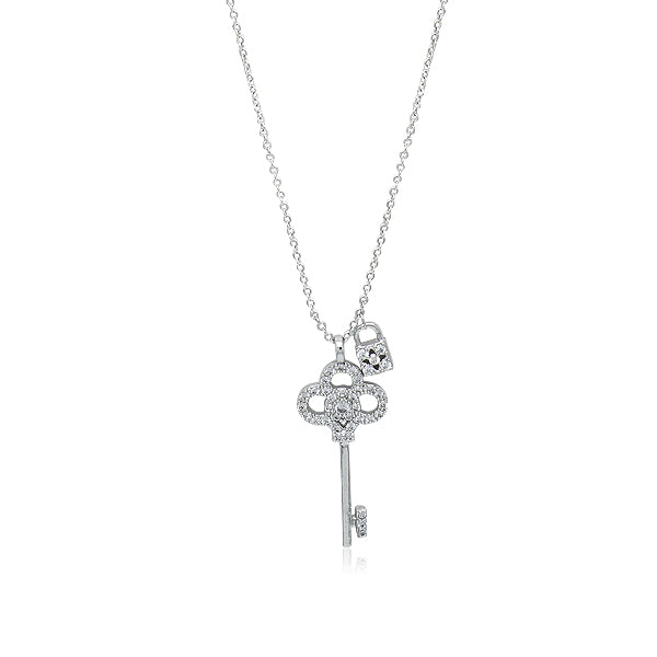 CHOMEL Cubic Zirconia Lock & Key Rhodium Necklace