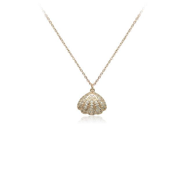 Rosegold plated shell cubic zirconia necklace with simulated pearl pendant on chain