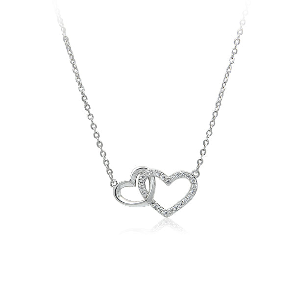 CHOMEL Cubic Zirconia 2 Interlocking Hearts Rhodium Necklace