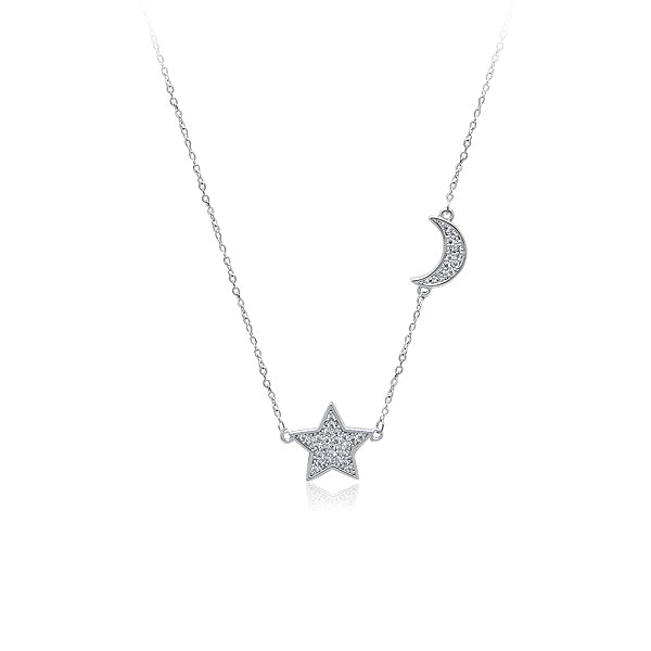 CHOMEL Cubic Zirconia Star and Crescent Rhodium Necklace
