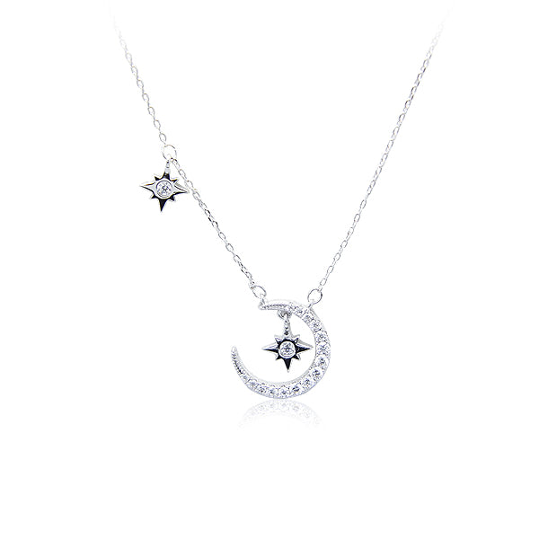 CHOMEL Cubic Zirconia Moon & Star Rhodium Necklace