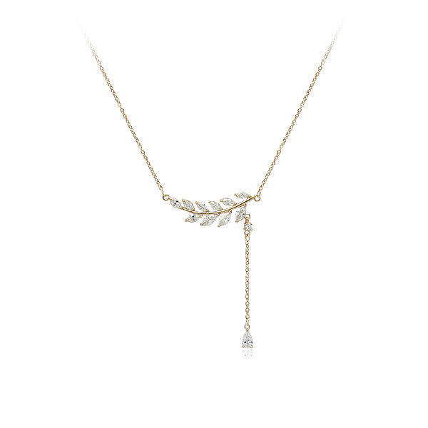 CHOMEL Cubic Zirconia Leaf Bar with Drop Rosegold Necklace