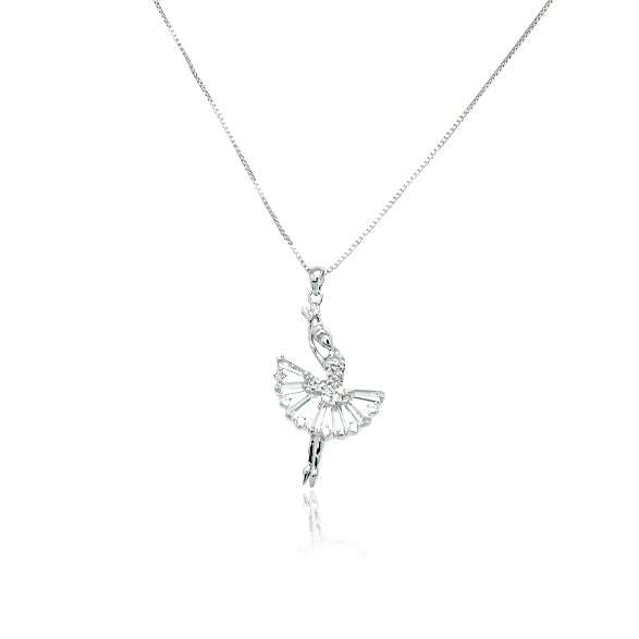 Ballerina cubic zirconia pendant necklace with rhodium plated finish and adjustable chain